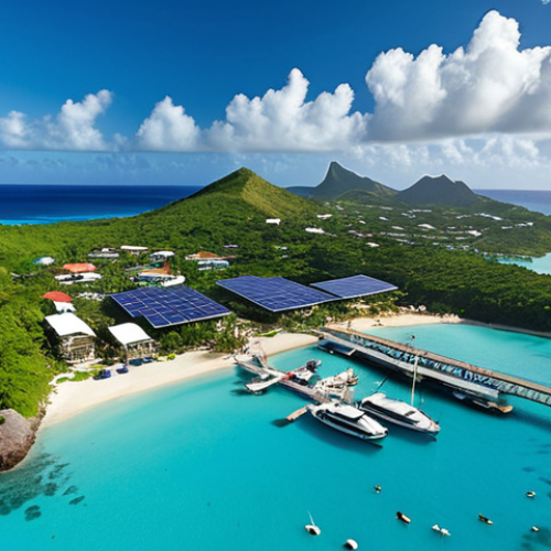 **A vibrant and diverse aerial view of Antigua and Barbuda**, showcasing its beautiful beaches, lush green landscapes, and modern infrastructure, symbolizing economic development and environmental sustainability. Include elements representing tourism (e.g., yachts, resorts) and emerging industries (e.g., solar panels).