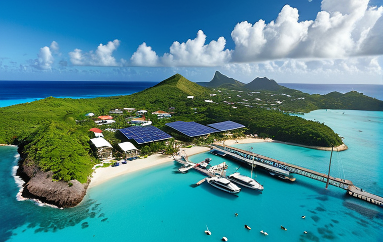 **A vibrant and diverse aerial view of Antigua and Barbuda**, showcasing its beautiful beaches, lush green landscapes, and modern infrastructure, symbolizing economic development and environmental sustainability. Include elements representing tourism (e.g., yachts, resorts) and emerging industries (e.g., solar panels).