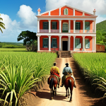 **Prompt:** A vibrant and colorful scene depicting a bustling Antiguan sugarcane plantation in the 18th century. Envision African slaves working under the Caribbean sun, with overseers on horseback, and a grand plantation house in the background. The style should be reminiscent of a historical painting.