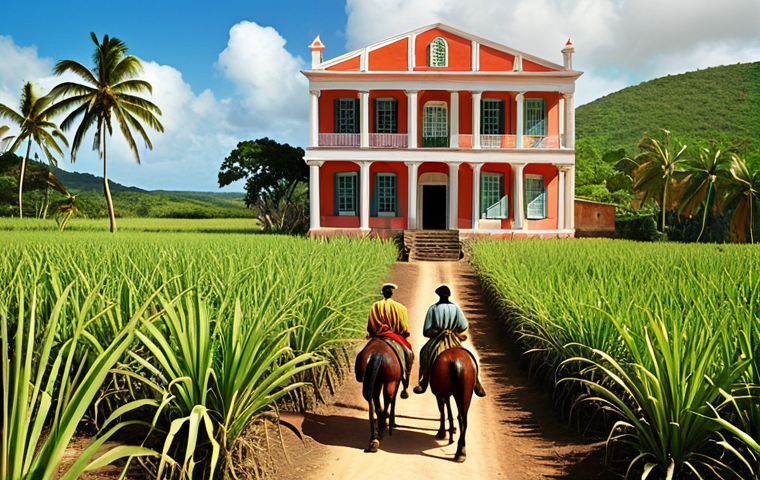 **Prompt:** A vibrant and colorful scene depicting a bustling Antiguan sugarcane plantation in the 18th century. Envision African slaves working under the Caribbean sun, with overseers on horseback, and a grand plantation house in the background. The style should be reminiscent of a historical painting.