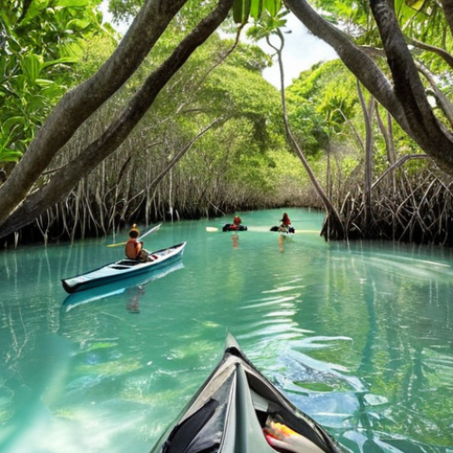 **Prompt:** Lush mangrove forest, Antigua & Barbuda National Park. Focus on the intricate root systems, diverse birdlife (hummingbirds, kingfishers, pelicans), clear turquoise water reflecting the sky. Sunlight filtering through the leaves, creating dappled light patterns. A kayak silently gliding through the waterways.