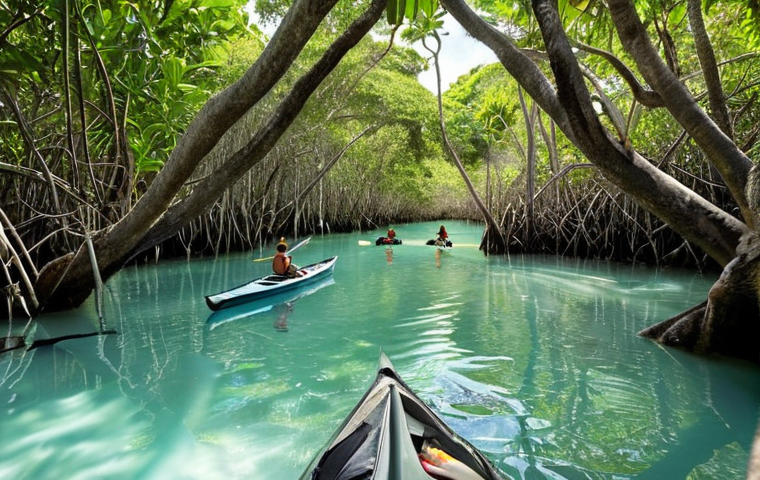 **Prompt:** Lush mangrove forest, Antigua & Barbuda National Park. Focus on the intricate root systems, diverse birdlife (hummingbirds, kingfishers, pelicans), clear turquoise water reflecting the sky. Sunlight filtering through the leaves, creating dappled light patterns. A kayak silently gliding through the waterways.