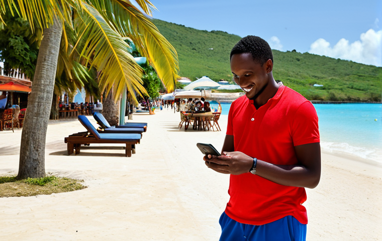 **

"A fully clothed tourist in Antigua and Barbuda, cautiously interacting with a friendly-looking local offering a tour. The tourist is double-checking information on their phone. Background shows a sunny beach and resort. Professional photography, realistic style, safe for work, appropriate content, modest clothing, perfect anatomy, natural pose, high quality."

**