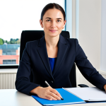 앤티가 바부다 외국인 투자 기회 - **Prompt:** Professional businesswoman in a modest business suit, sitting at a desk in a modern offi...