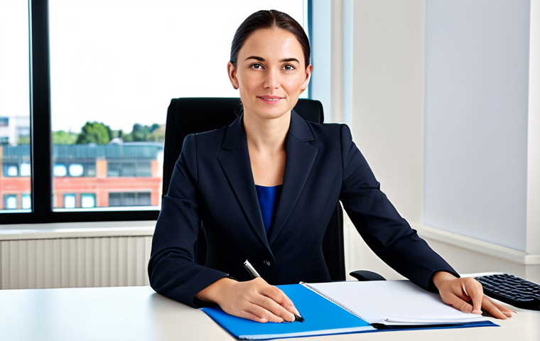앤티가 바부다 외국인 투자 기회 - **Prompt:** Professional businesswoman in a modest business suit, sitting at a desk in a modern offi...